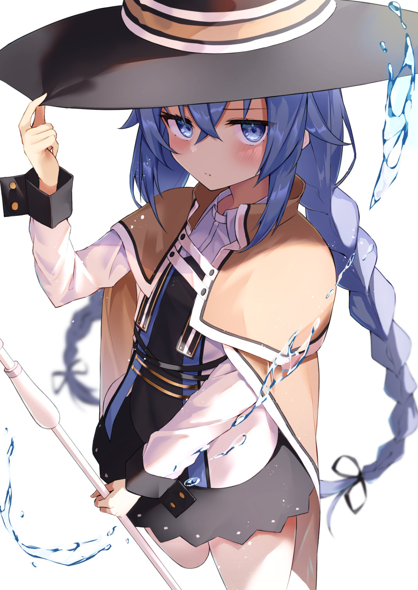1girl, absurdres, black_headwear, blue_eyes, blue_hair, blush, braid, brown_cape