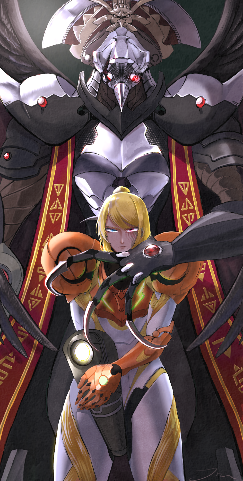 1boy, 1girl, arm_cannon, beak, blonde_hair, claws, corruption, highres