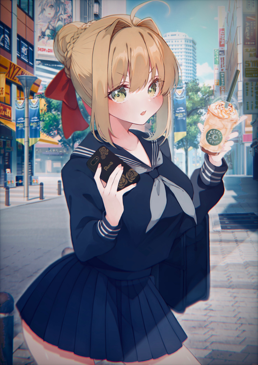1girl, absurdres, ahoge, bangs, blonde_hair, blush, braid, breasts, fate/extra, fate_(series), french_braid, green_eyes, hair_bun, hair_intakes, hair_ribbon, highres, large_breasts, long_hair, looking_at_viewer, nero_claudius_(fate), red_ribbon, ribbon, suna_co