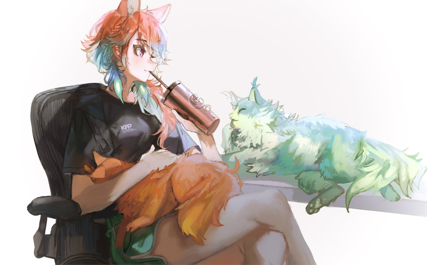 animal_ears, animal_hands, animal_on_lap, cat, cat_ears, chair, chonkers_(takanashi_kiara), drinking