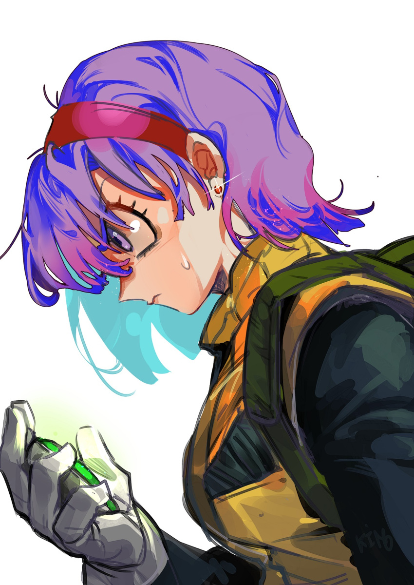 1girl, artist_name, backpack, bag, bangs, blunt_bangs, breasts, bulma, closed_mouth, dragon_ball, dragon_ball_z, dragon_radar, earrings, eyebrows_visible_through_hair, eyelashes, from_side, frown, glint, gloves, glowing, hair_behind_ear, hairband, hand_up, head_down, high_collar, highres, holding, jewelry, kimo, long_sleeves, looking_afar, medium_breasts, medium_hair, profile, purple_hair, pursed_lips, red_hairband, serious, sideboob, simple_background, solo, stud_earrings, sweatdrop, upper_body, violet_eyes, waistcoat, white_background, white_gloves