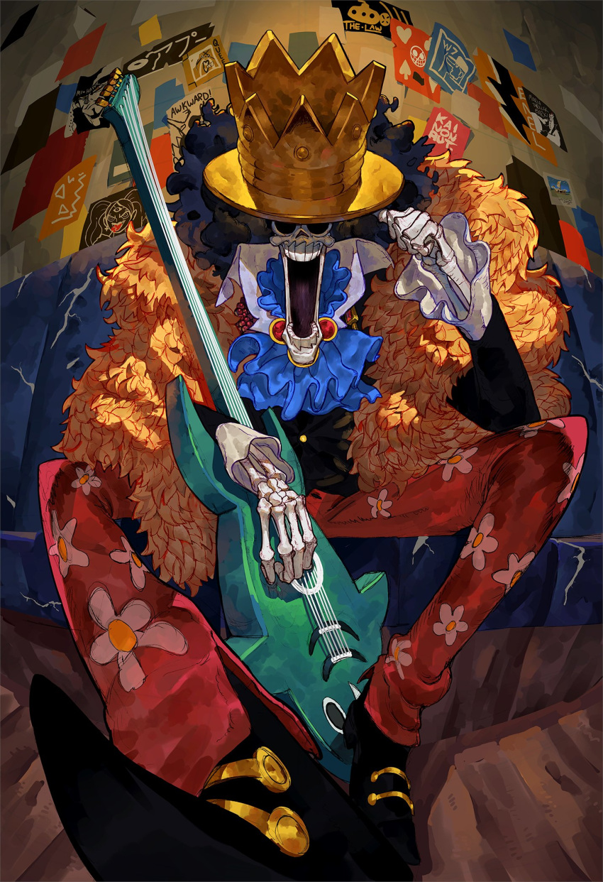 1boy, afro, arm_rest, ascot, big_hair, black_hair, brook, commentary, crown, electric_guitar, english_commentary, fisheye, foreshortening, guitar, hand_up, high_collar, highres, indoors, instrument, jacket, kainonaut, long_sleeves, male_focus, one_piece, open_mouth, pants, reward_available, shoes, sitting, skeleton, skull, solo