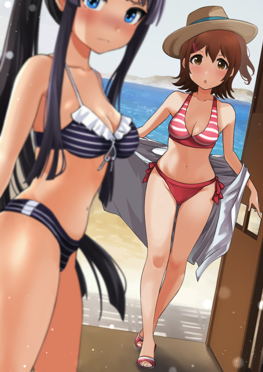 2girls, beach, bikini, black_bikini, black_hair, blue_eyes, blurry, brown_eyes