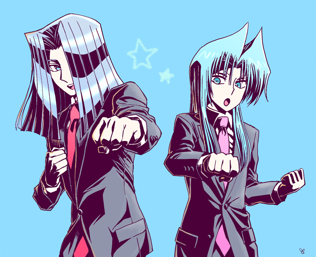2boys, aqua_eyes, aqua_hair, black_jacket, blue_background, business_suit, clenched_hand, collared_shirt
