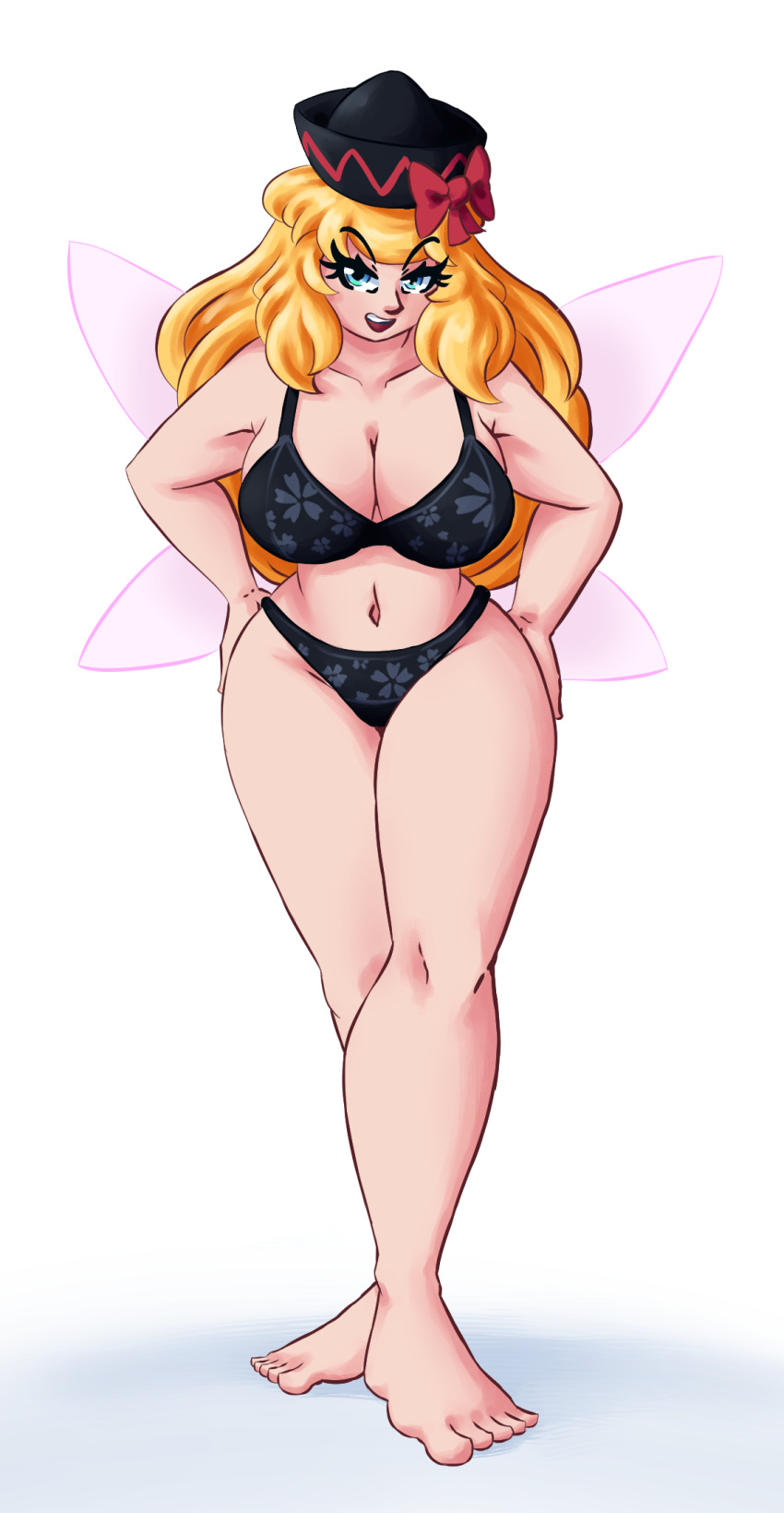 1girl, barefoot, black_bra, black_headwear, black_panties, blonde_hair, blue_eyes, bow