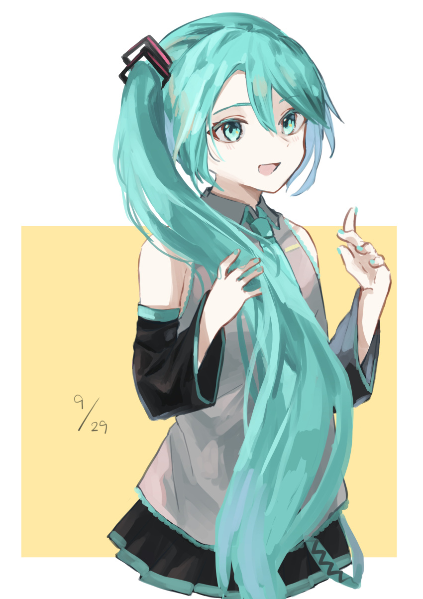 1girl, absurdres, alternate_hairstyle, aqua_eyes, aqua_hair, aqua_nails, aqua_necktie, aqua_neckwear, bare_shoulders, black_skirt, border, cc_rock, collared_shirt, cropped_torso, dated, detached_sleeves, eyebrows_visible_through_hair, fingernails, flat_chest, grey_shirt, hair_between_eyes, hand_in_hair, hatsune_miku, high_ponytail, highres, light_blush, necktie, open_mouth, pleated_skirt, shirt, short_hair, side_ponytail, skirt, sleeveless, sleeveless_shirt, smile, solo, square, two-tone_background, very_short_hair, vocaloid, white_border, yellow_background