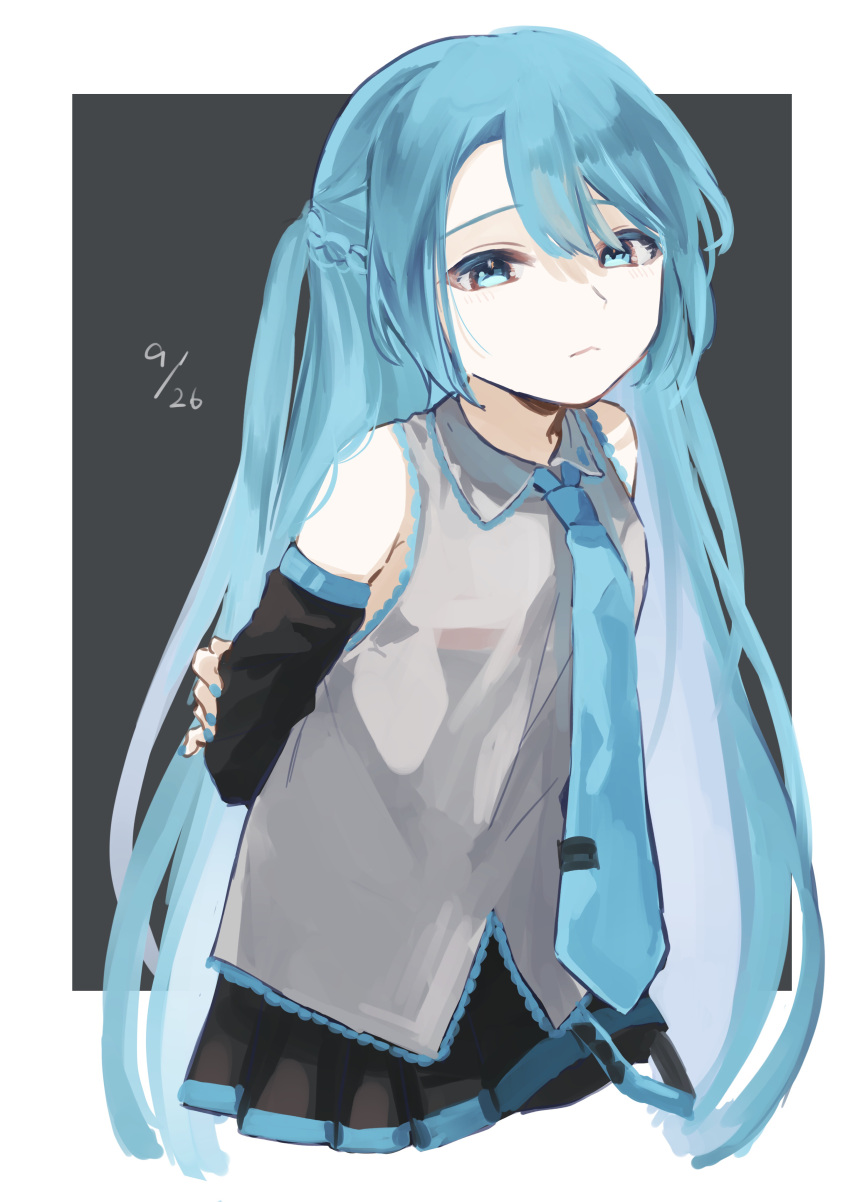 1girl, absurdres, arms_behind_back, bangs, bare_shoulders, belt, black_background, black_skirt
