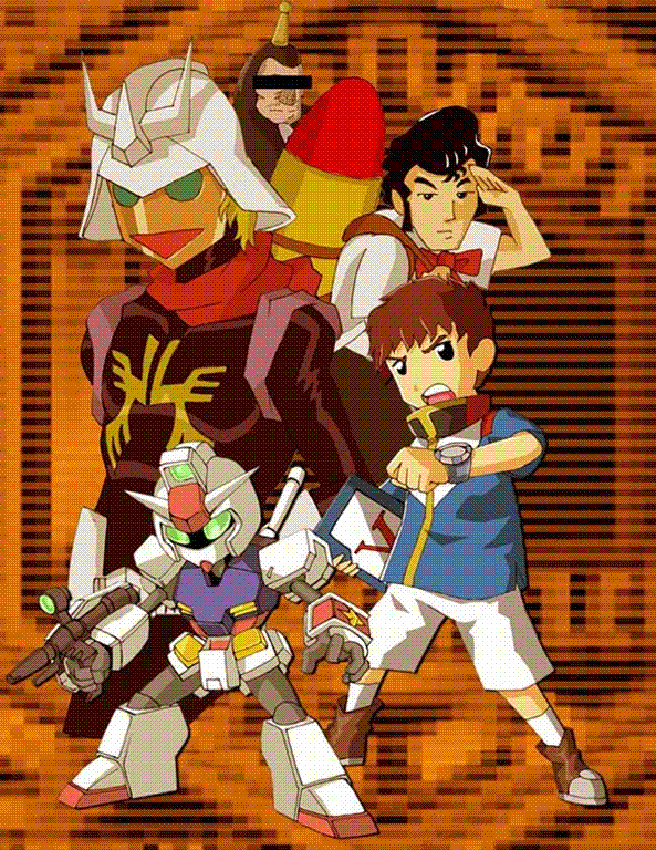 akahana, amuro_ray, black_hair, blonde_hair, bright_noa, brown_hair, char_aznable, crossover