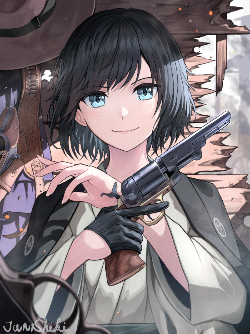 1girl, antique_firearm, bandolier, black_gloves, black_hair, blue_eyes, caplock, character_request, check_character, closed_mouth, firelock, gloves, gun, handgun, hat, headwear_removed, highres, holding, holding_weapon, japanese_clothes, junshiki, looking_at_viewer, original, pistol, short_hair, signature, single_glove, smile, solo, upper_body, weapon, wood