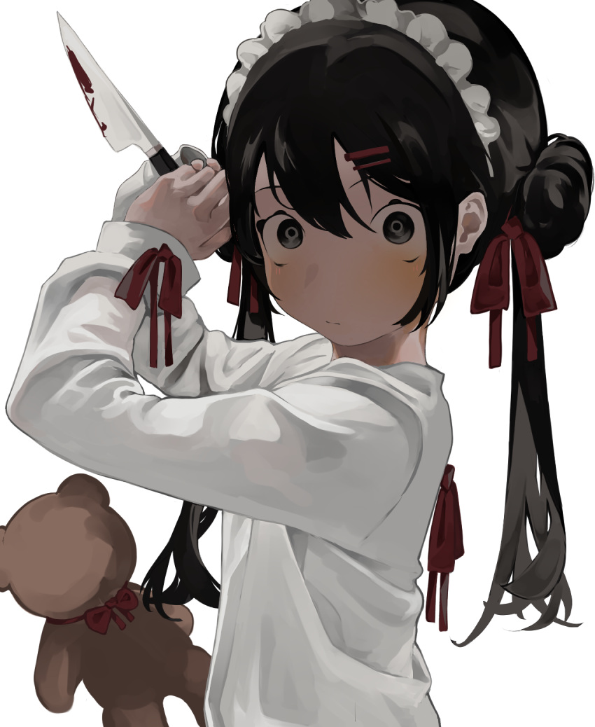 1girl, black_eyes, black_hair, blood, blood_on_weapon, closed_mouth, commentary, crazy, double_bun, from_side, hair_ornament, hairclip, highres, holding, holding_knife, knife, long_hair, long_sleeves, looking_at_viewer, looking_to_the_side, maid_headdress, original, red_ribbon, ribbon, shirt, simple_background, solo, stuffed_animal, stuffed_toy, teddy_bear, toasu, twintails, upper_body, weapon, white_background, white_shirt