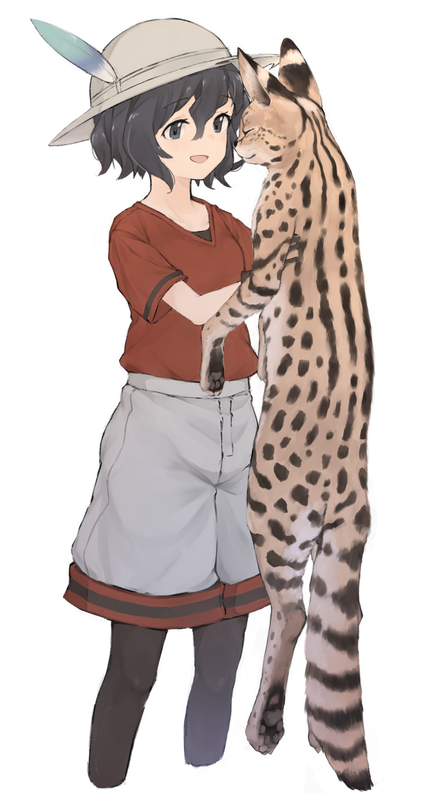 1girl, :d, absurdres, alenka, animal, black_hair, black_legwear, blue_eyes, cat, cowboy_shot, cropped_legs, eyebrows_visible_through_hair, grey_shorts, hat_feather, helmet, highres, holding, holding_animal, holding_cat, kaban_(kemono_friends), kemono_friends, open_mouth, pantyhose, pith_helmet, red_shirt, serval, shirt, short_hair, short_sleeves, shorts, smile, solo, t-shirt