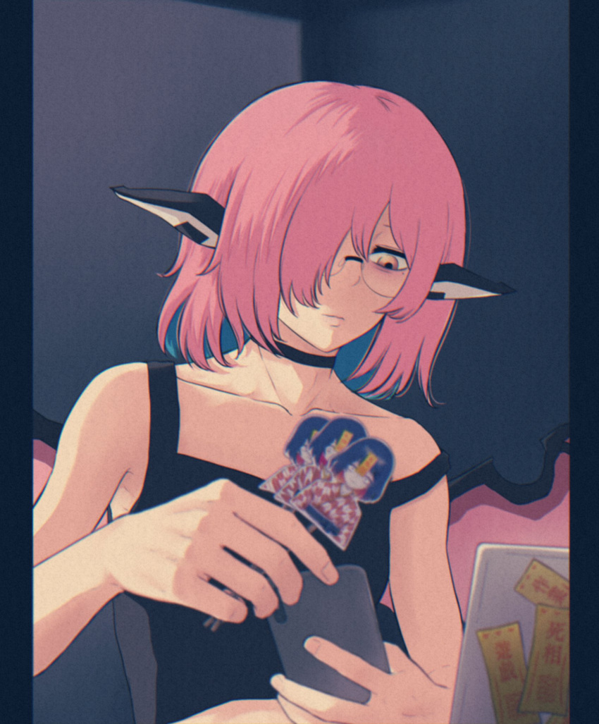 1girl, azuki_aisu_ranmaru, bad_id, bad_twitter_id, bangs, bird_wings, black-framed_eyewear, black_tank_top