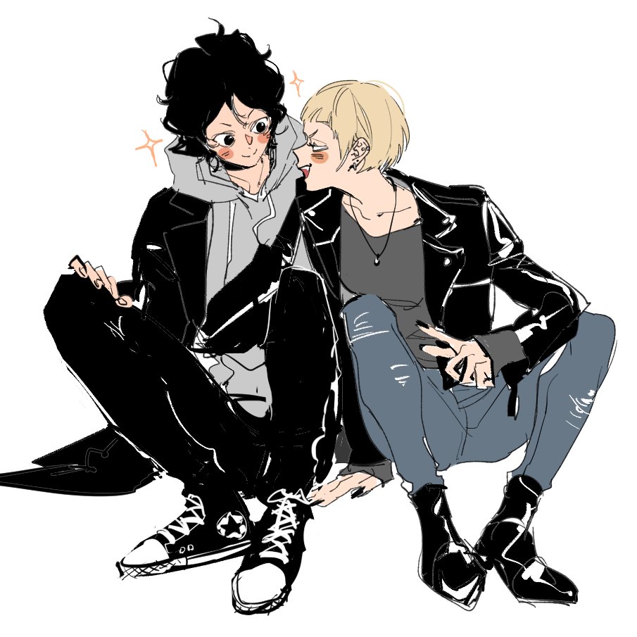 1boy, 1girl, ankle_boots, black_footwear, black_hair, black_jacket, black_nails, black_pants