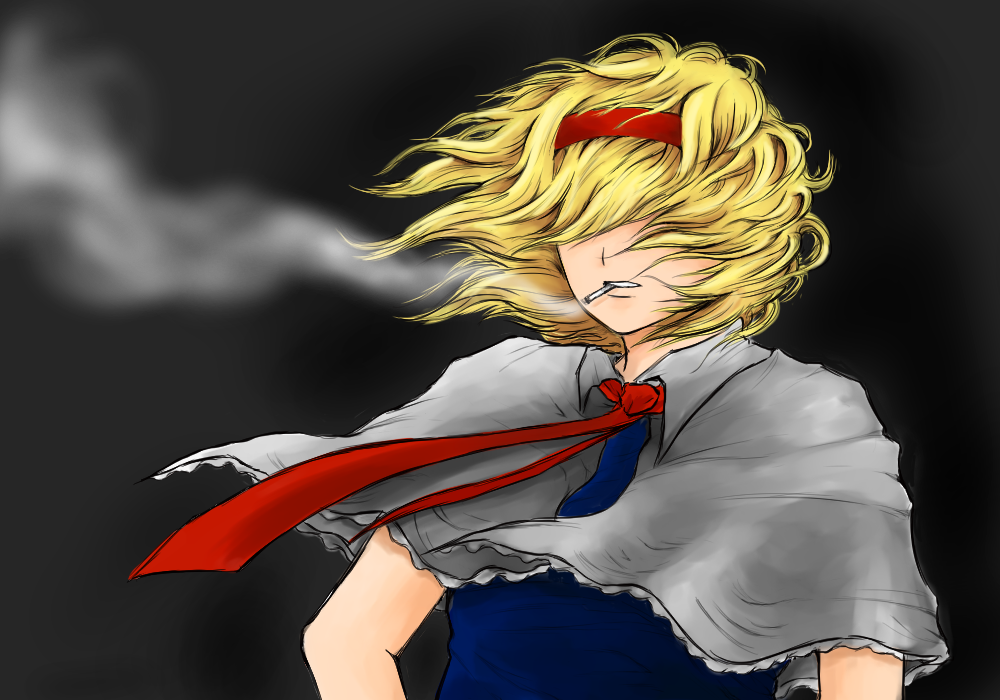 1girl, alice_margatroid, bangs, blonde_hair, blue_dress, capelet, cigarette, commentary