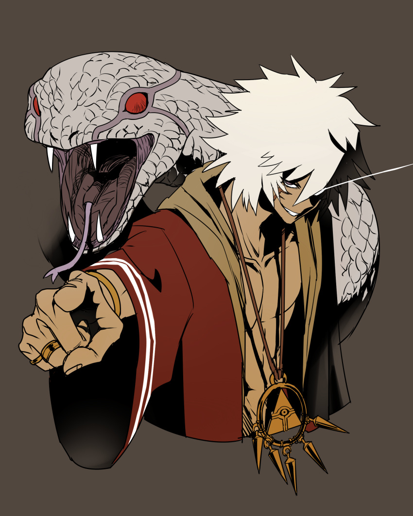 1boy, abs, absurdres, ayu5573, black_background, cropped_torso, dark-skinned_male, dark_skin, diabound, fangs, highres, jewelry, long_sleeves, male_focus, millennium_ring, parted_lips, pectorals, pointing, red_eyes, ring, scales, short_hair, simple_background, smile, snake, solo, tongue, tongue_out, touzokuou_bakura, white_hair, wide_sleeves, yu-gi-oh!, yu-gi-oh!_duel_monsters