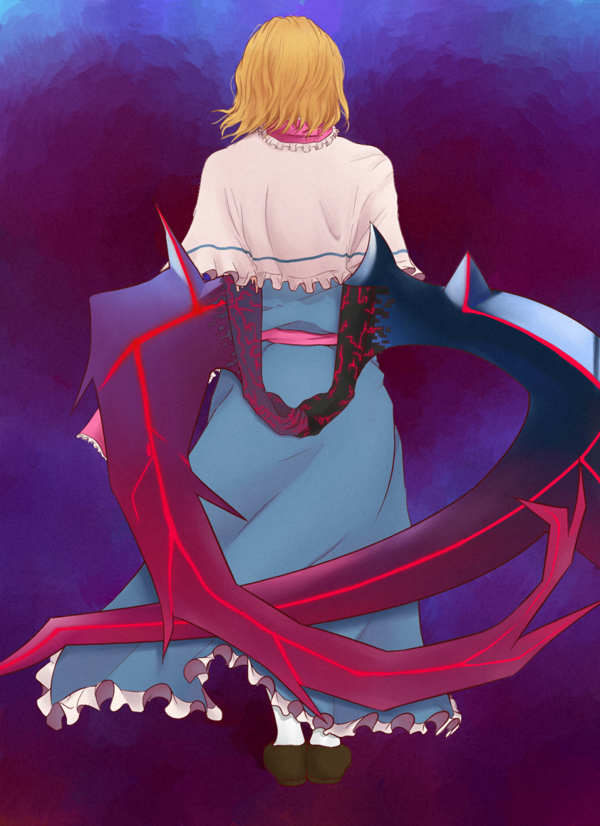 1girl, alice_margatroid, arms_behind_back, blonde_hair, blue_dress, bois_de_justice, brown_footwear, capelet