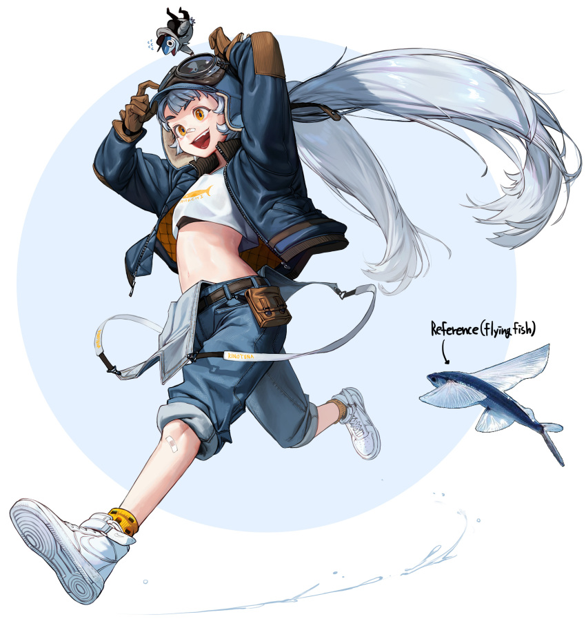 1girl, arms_up, bangs, belt, blue_headwear, blue_pants, brown_gloves, fish