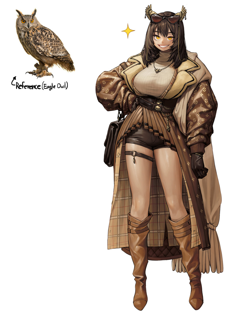 1girl, absurdres, bag, bird, boots, brown_coat, brown_footwear, brown_hair