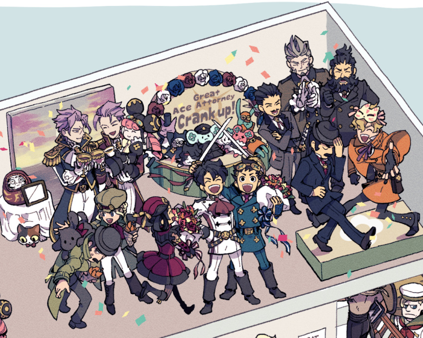 3girls, 6+boys, ^_^, ace_attorney, adjusting_clothes, adjusting_headwear, alcohol, animal