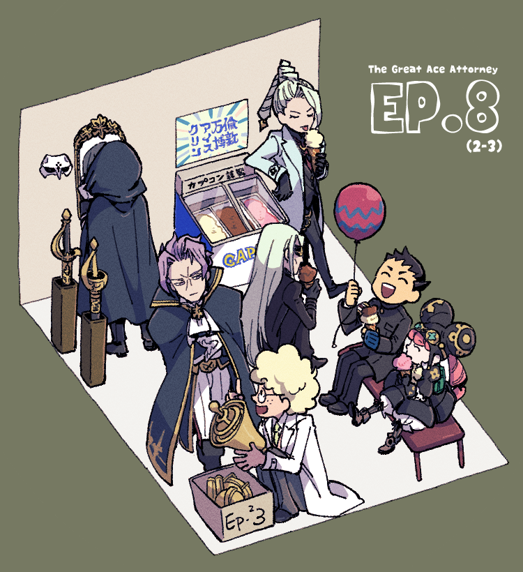2girls, 5boys, :|, ^_^, ace_attorney, afro, albert_harebrayne, balloon