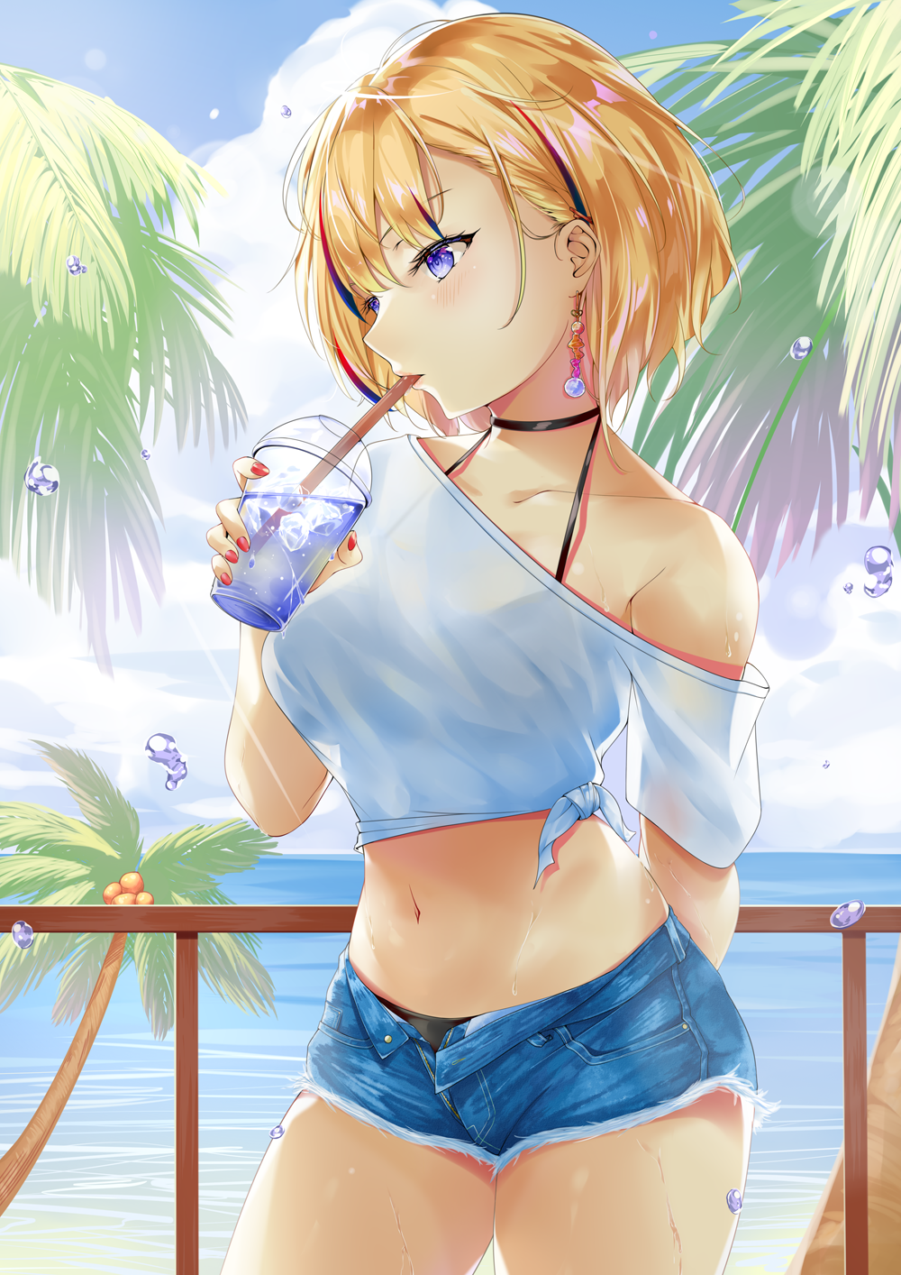1girl, bikini, bikini_under_clothes, black_bikini, black_choker, blonde_hair, blue_shorts, breasts