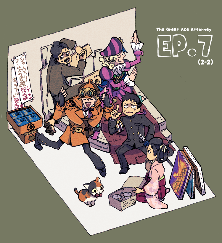 1girl, 4boys, ace_attorney, animal, armband, arrow_(symbol), bell, belt
