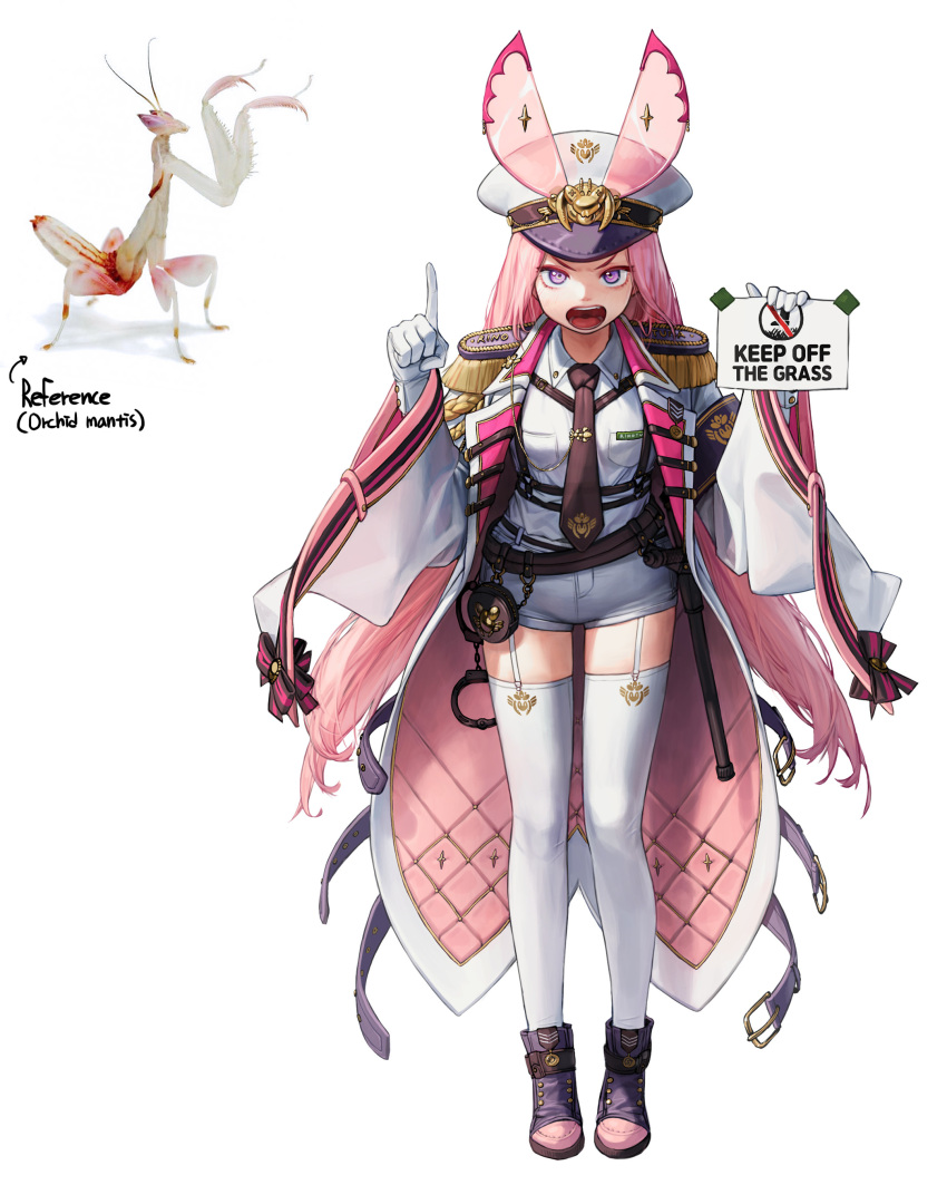 1girl, absurdres, belt, black_neckwear, collared_shirt, cuffs, gloves, handcuffs, hat, highres, index_finger_raised, long_hair, long_sleeves, looking_at_viewer, necktie, open_mouth, orchid_mantis, original, personification, pink_hair, rinotuna, shirt, shorts, simple_background, solo, thigh-highs, very_long_hair, violet_eyes, white_background, white_gloves, white_legwear, white_shirt, white_shorts, wide_sleeves