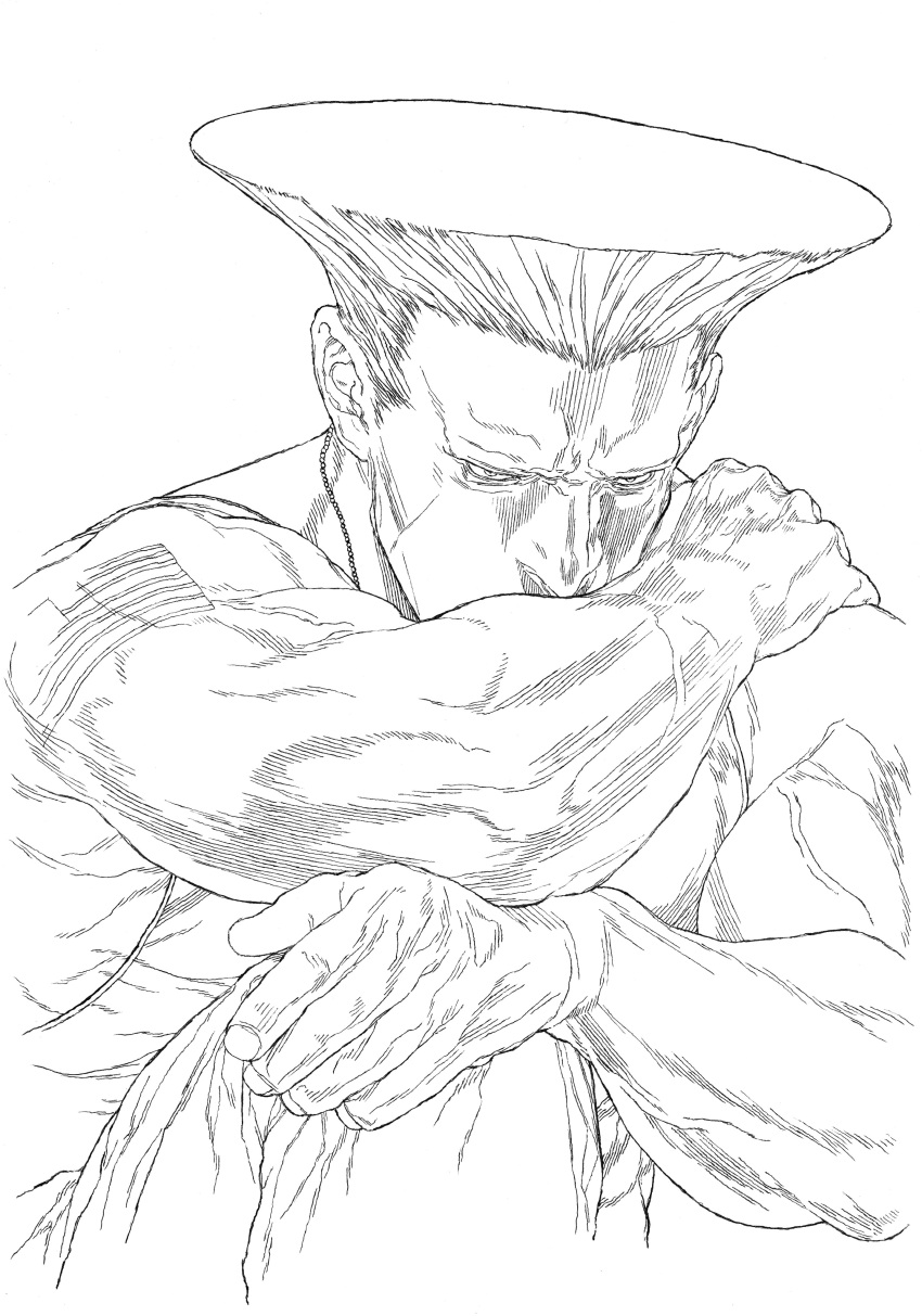 1boy, absurdres, american_flag, american_flag_tattoo, furrowed_brow, graphite_(medium), greyscale, guile