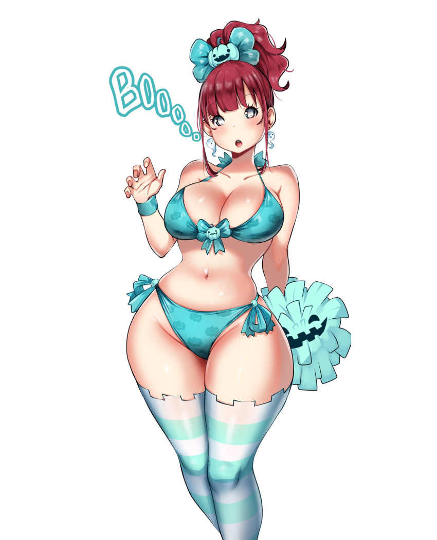 1girl, aqua_bikini, aqua_bow, bikini, bow, curvy, hair_bun, highres