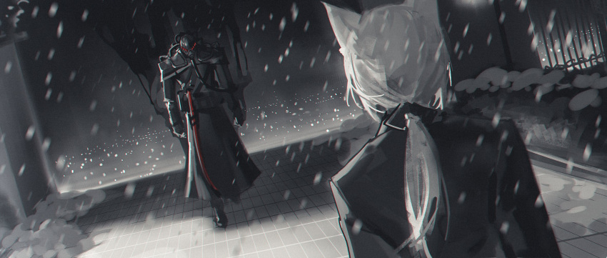 "emperor's_blade"_(arknights), 1girl, 1other, ambiguous_gender, animal_ears, arknights, armor, black_coat