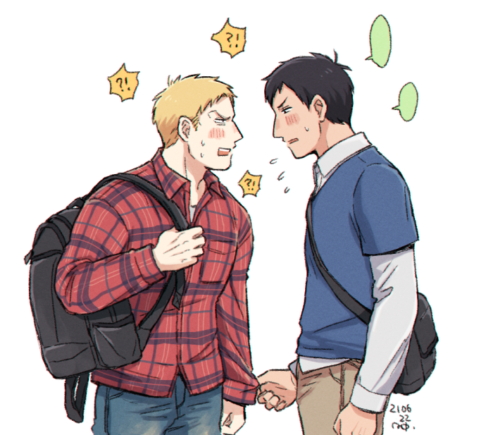 !?, 2boys, backpack, bag, bertolt_hoover, black_hair, blonde_hair, blue_pants, blush, brown_pants, eye_contact, looking_at_another, male_focus, midooka_(o_k_k), multiple_boys, narrowed_eyes, open_mouth, pants, red_shirt, reiner_braun, shingeki_no_kyojin, shirt, short_hair, shoulder_bag, t-shirt, white_background, white_shirt