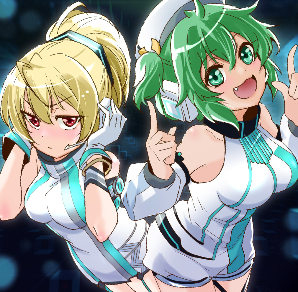 2girls, andou_tazusa, assault_lily, blonde_hair, d4dj, eyebrows_visible_through_hair, fang, green_eyes