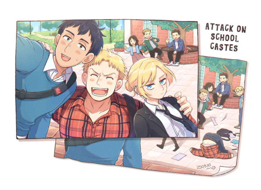 2girls, 5boys, annie_leonhardt, arm_on_shoulder, bertolt_hoover, black_hair, blonde_hair, blue_eyes