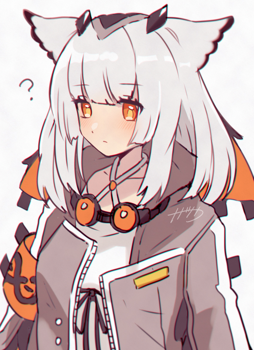 1girl, ?, arknights, armband, blush, commentary, criss-cross_halter, expressionless