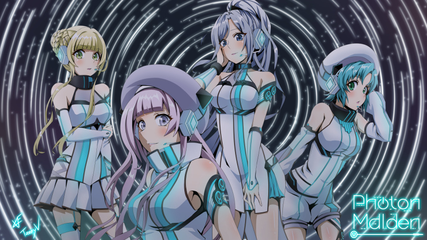4girls, aqua_eyes, bare_shoulders, blonde_hair, blue_hair, blush, breasts, d4dj