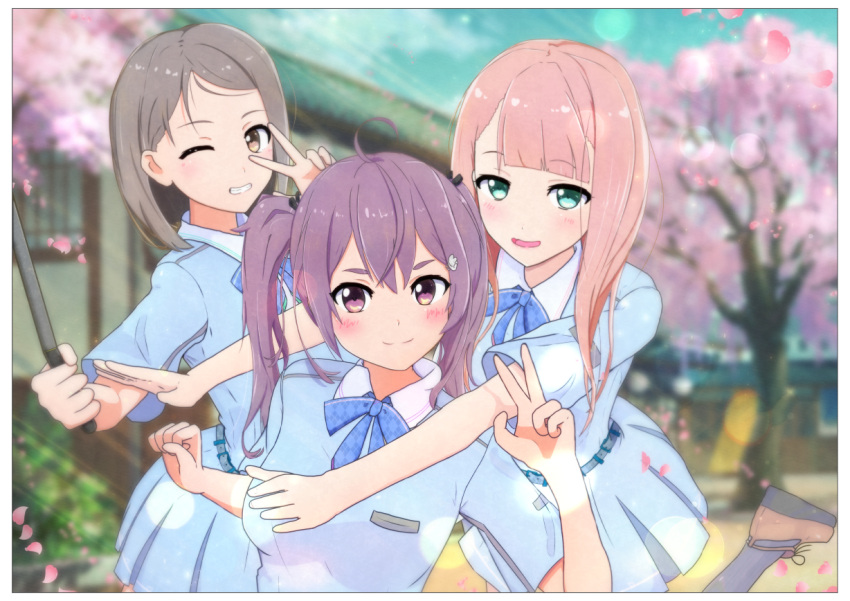 22/7, 3girls, bangs, bow, brown_eyes, brown_hair, cherry_blossoms, furoggu-gaburi