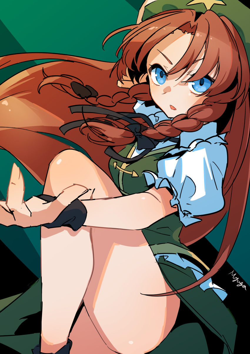 1girl, absurdres, bangs, beret, black_bow, black_gloves, black_neck_ribbon, black_neckwear, black_ribbon, blue_eyes, bow, braid, commentary_request, feet_out_of_frame, fingerless_gloves, gloves, green_background, green_headwear, green_skirt, green_vest, hair_bow, hat, hat_ornament, highres, hong_meiling, leg_up, long_hair, looking_at_viewer, myuga66666, neck_ribbon, one-hour_drawing_challenge, open_mouth, parted_bangs, puffy_short_sleeves, puffy_sleeves, redhead, ribbon, shirt, short_sleeves, signature, skirt, solo, star_(symbol), star_hat_ornament, touhou, twin_braids, vest, white_shirt