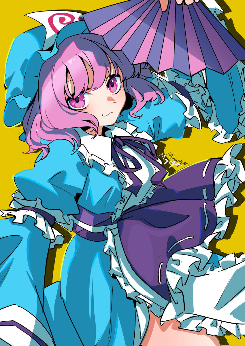 1girl, :3, absurdres, bangs, black_neck_ribbon, black_ribbon, blue_headwear, blue_kimono