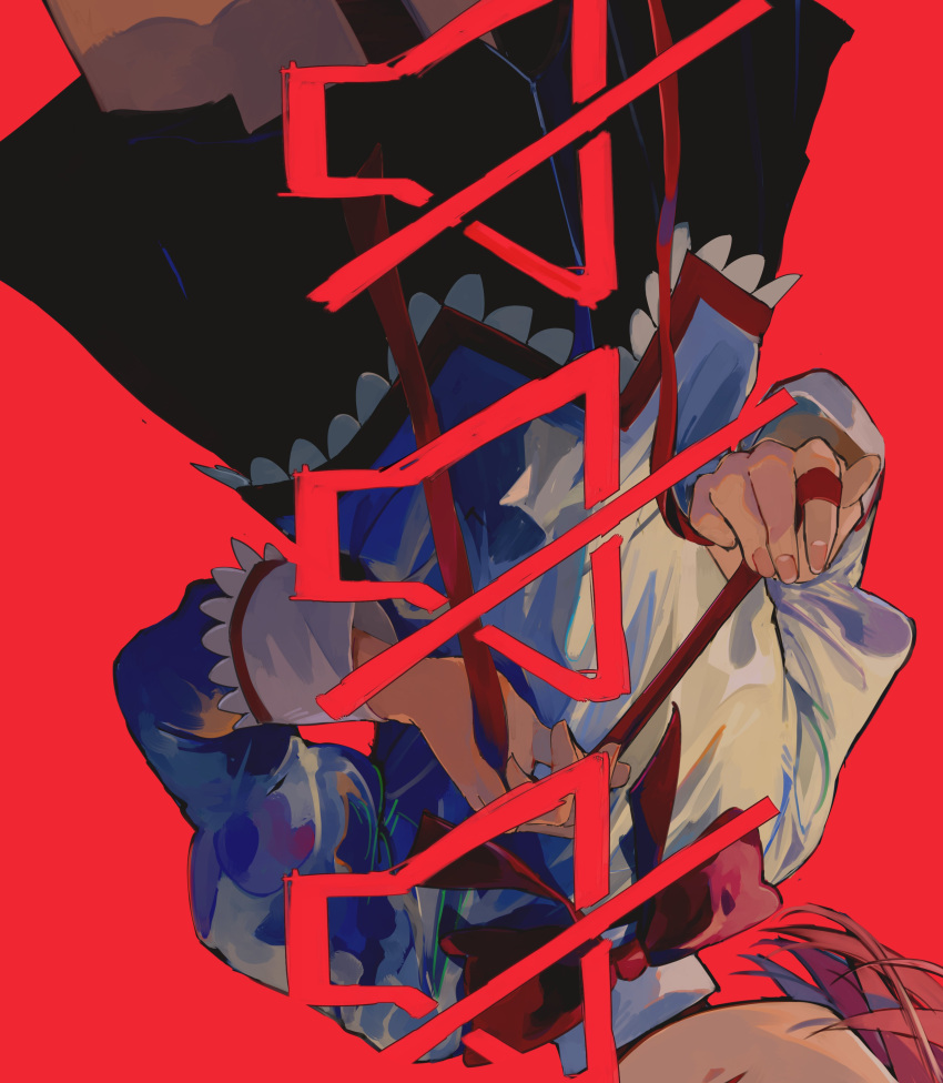 1girl, absurdres, beige_blouse, black_skirt, blouse, cowboy_shot, dutch_angle, fingernails