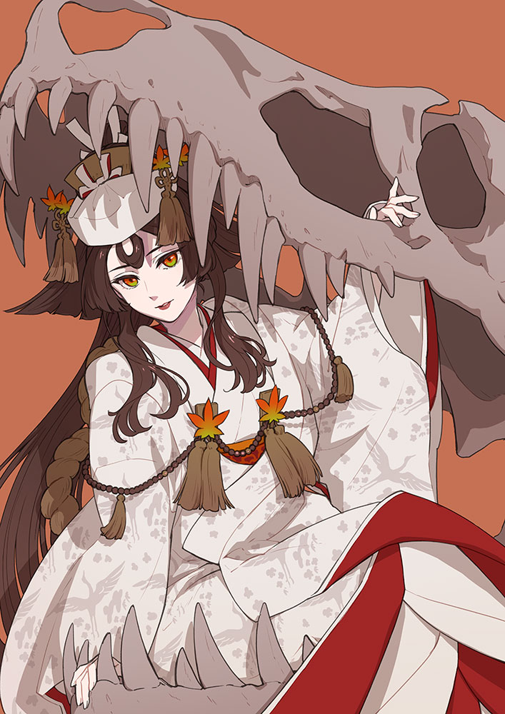 1girl, bangs, brown_hair, dinosaur, fangs, fate/grand_order, fate/requiem, fate_(series)