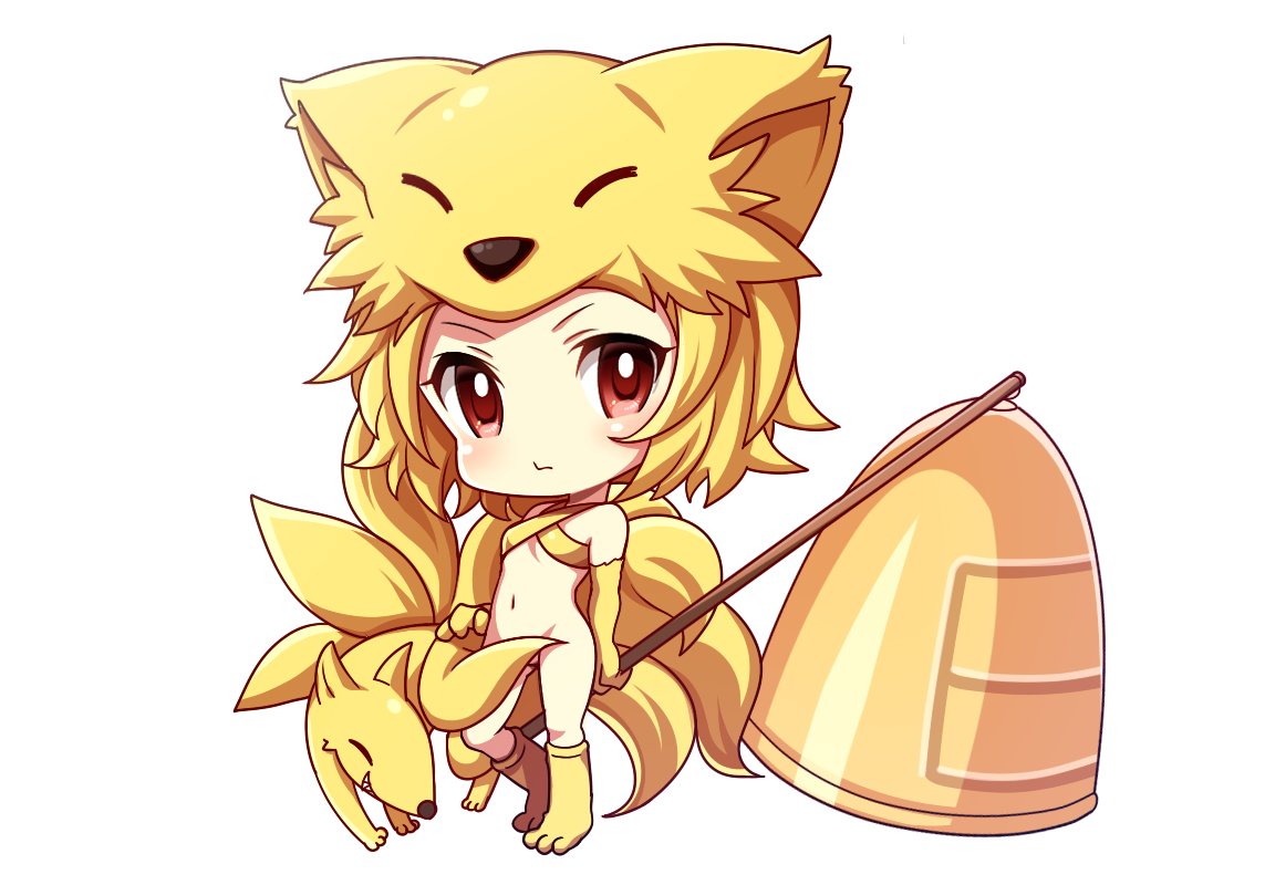 1girl, animal_feet, animal_hands, bell, blush, bottomless, chibi, closed_mouth
