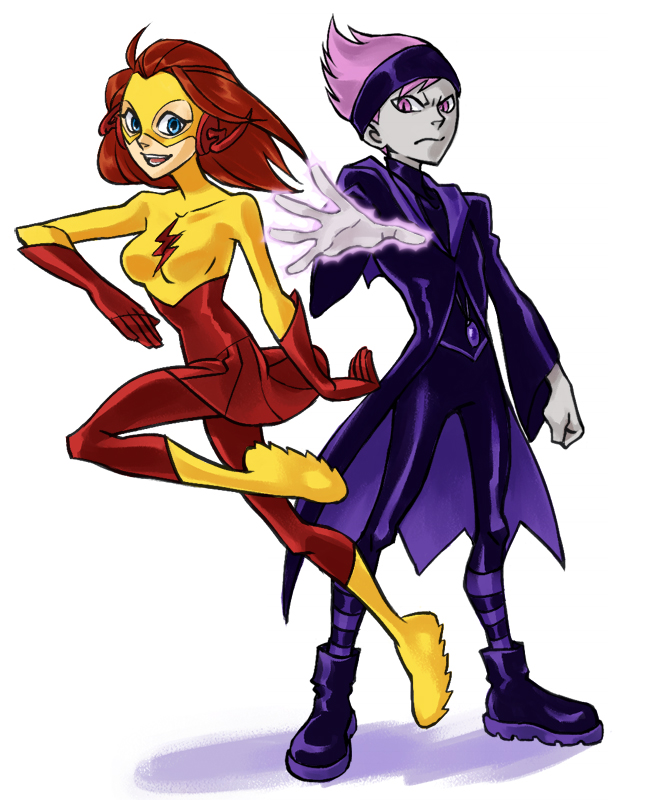 blue_eyes, dc_comics, female, genderswap, grey_skin, headband, jinx, kid_flash