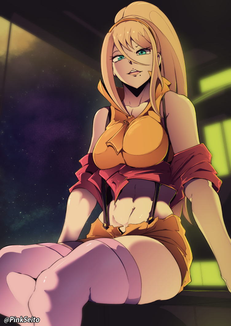 1girl, artist_name, blonde_hair, breasts, cosplay, cowboy_bebop, crop_top, faye_valentine