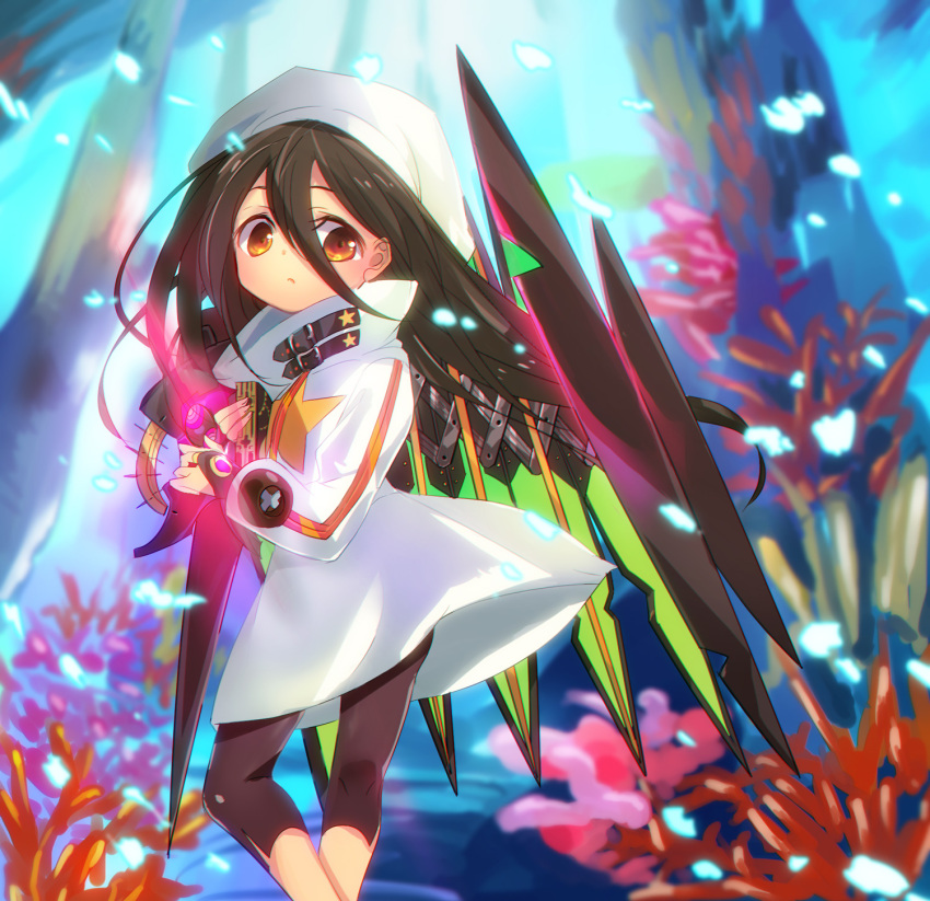 1girl, brown_hair, coat, coral, feet_out_of_frame, hair_between_eyes, hakka_(nikiniki507), highres, long_hair, long_sleeves, orange_hair, sekaiju_no_meikyuu, sekaiju_no_meikyuu_3, solo, star_(symbol), underwater, white_coat, zodiac_2_(sekaiju)