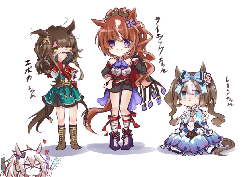 4girls, animal_ears, ankle_boots, black_mask, boots, bow, brown_hair, chibi