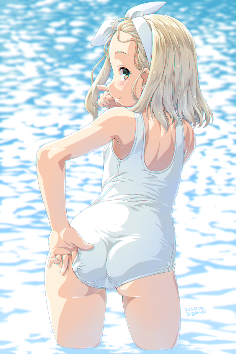 1girl, adjusting_clothes, adjusting_swimsuit, ass, blonde_hair, blush, dated, dd_(ijigendd)