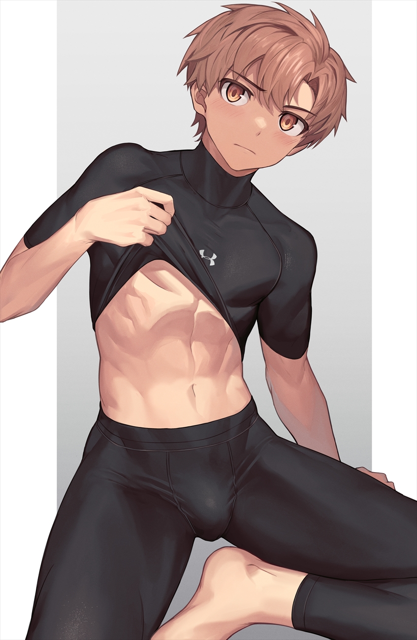 1boy, arm_support, bangs, barefoot, black_legwear, black_shirt, blush, brown_eyes