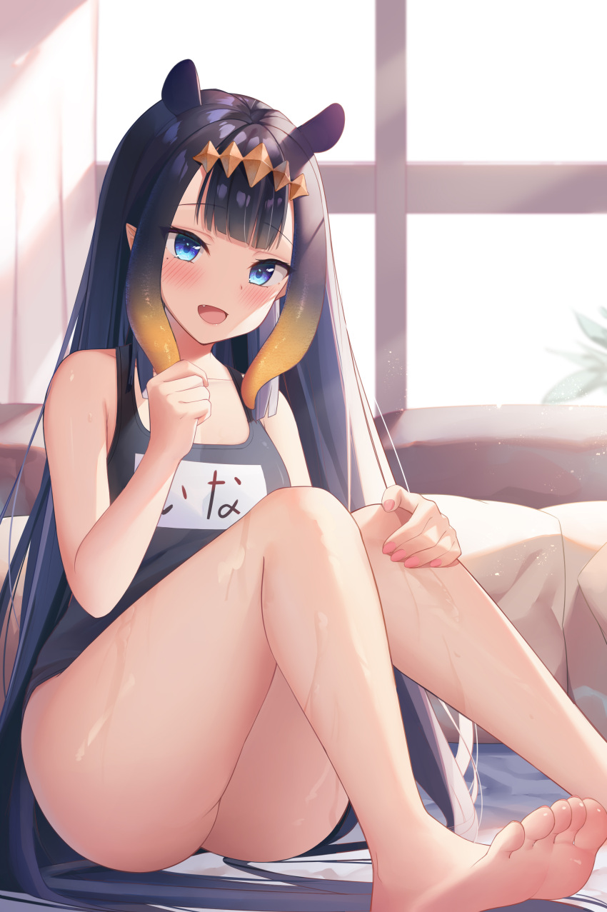 1girl, absurdres, bare_shoulders, bed, blue_eyes, blue_swimsuit, blush, eyebrows_visible_through_hair