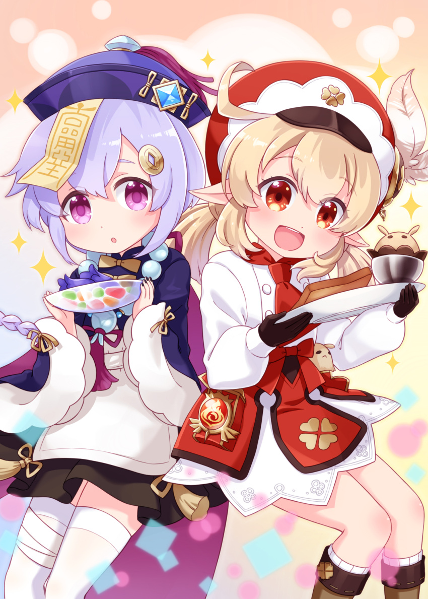 2girls, :d, :o, adapted_costume, ahoge, apron, bangs, black_gloves