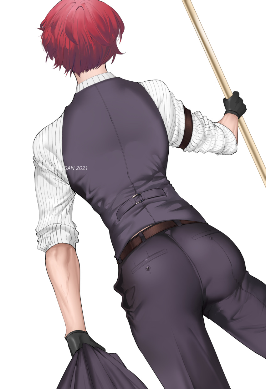 1boy, artist_name, ass, back, belt, black_gloves, black_pants, black_vest